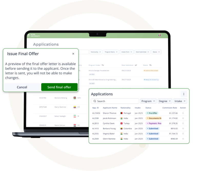 Capio applications dashboard showing applicant list with program, status, and commission rate, alongside a pop-up to issue final offer letters to students.
