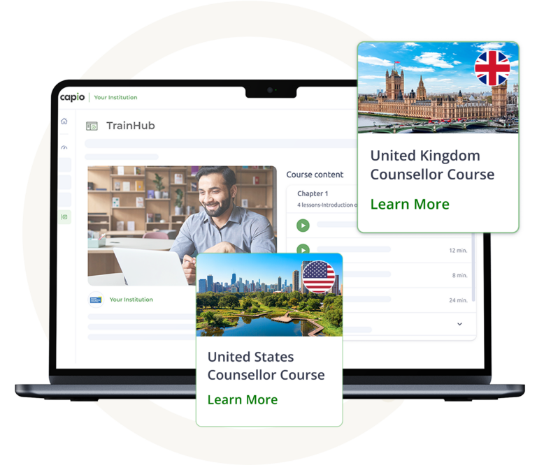 Capio TrainHub interface displaying online course content for counsellors, with featured United Kingdom and United States counsellor training programs.